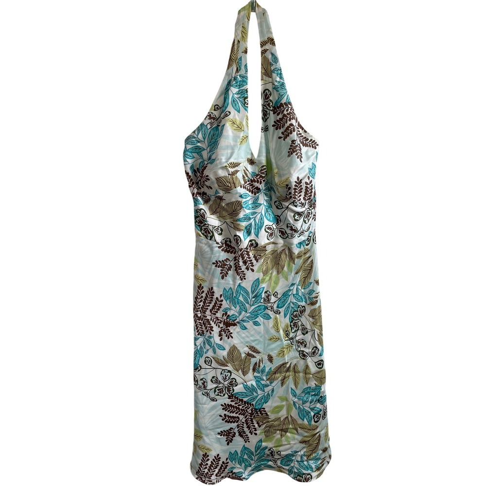 Ann Taylor Loft Womens 10 Silk Tropical Leaf Halter Midi Dress Babydoll Vacation